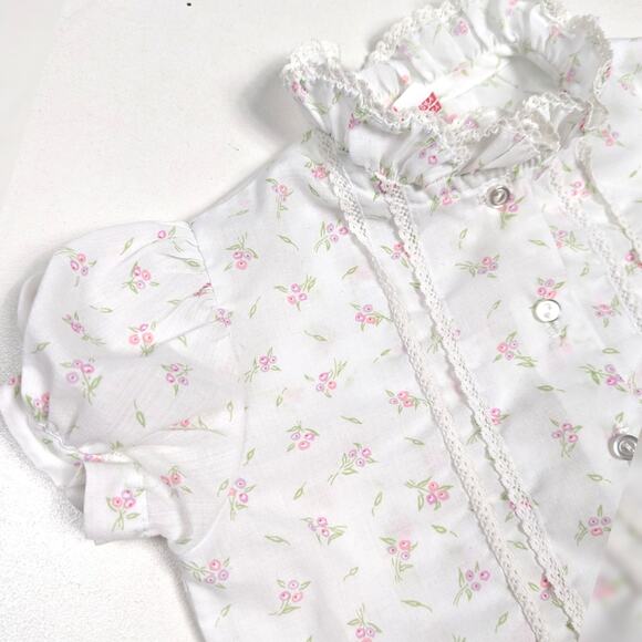 Vtg 80s Hickory Dickory Blouse Baby Girls Sz 12-18m White Floral Ruffle Dainty - Picture 2 of 4